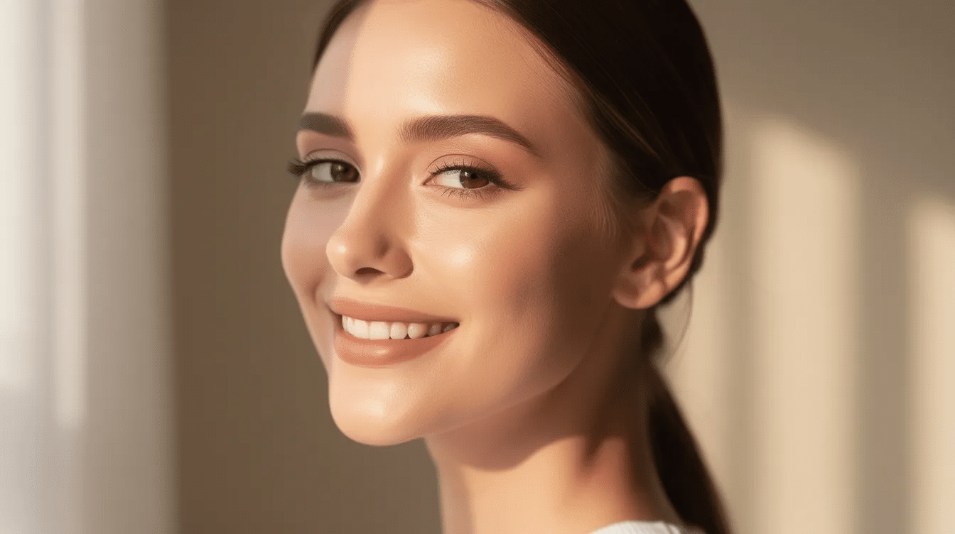 A woman with clear, radiant skin smiles naturally in soft, natural lighting, showcasing her healthy skin and overall skin texture. The image highlights her youthful appearance, suggesting the benefits of treatments like microneedling and SkinPen for addressing various skin concerns and promoting collagen production.