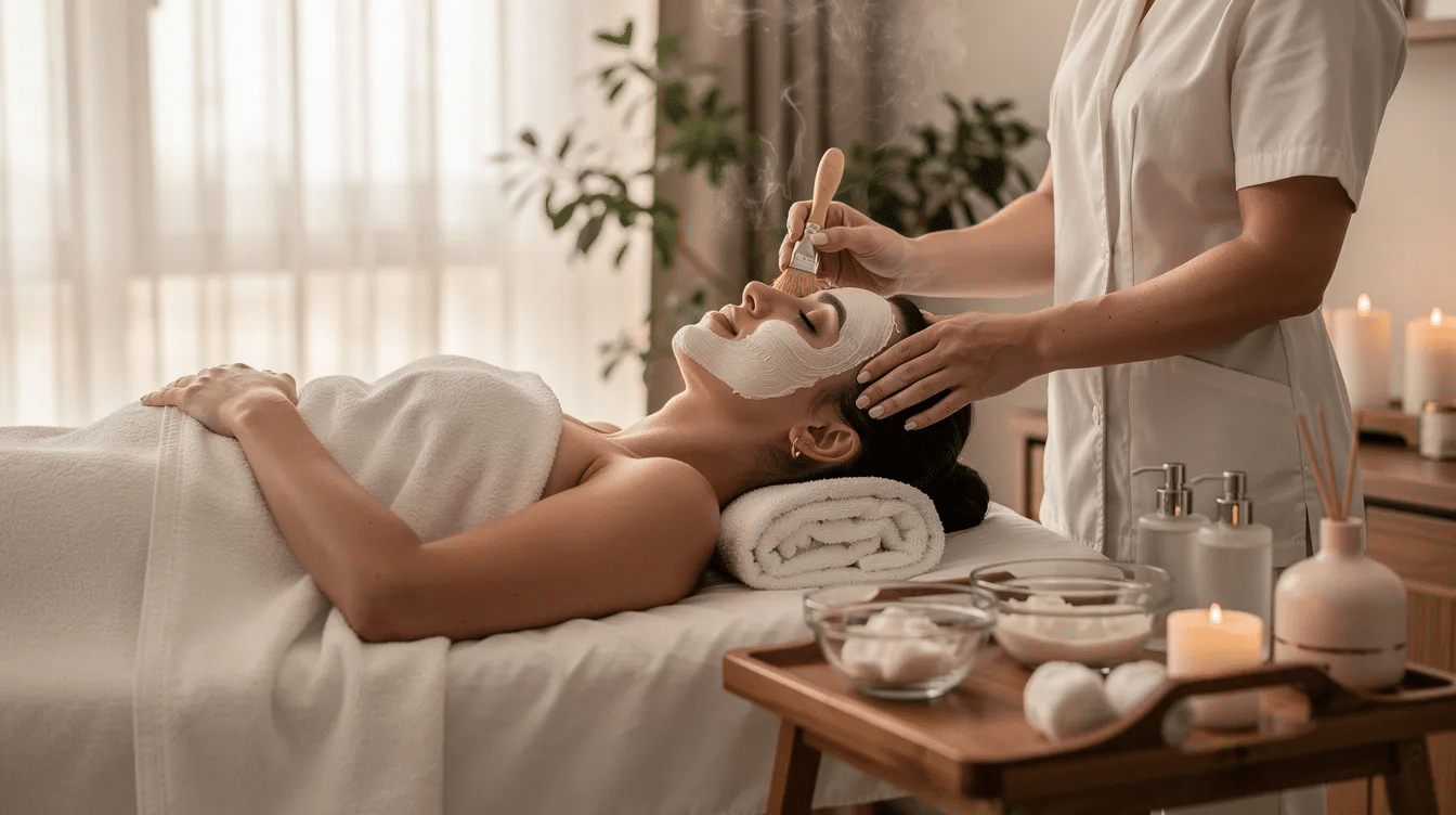 In a serene spa environment, a relaxed woman receives a gentle facial treatment that promotes collagen production and addresses various skin concerns. The soothing atmosphere enhances her skincare journey towards achieving radiant and youthful skin through techniques like microneedling and skinpen.