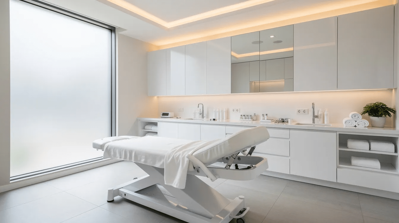 The image depicts a modern professional treatment room featuring clean white surfaces and a serene, spa-like ambiance, ideal for skin rejuvenation treatments such as microneedling and SkinPen. This tranquil environment emphasizes the focus on improving skin texture and addressing various skin concerns through advanced techniques that stimulate collagen production and promote the body's natural healing response.