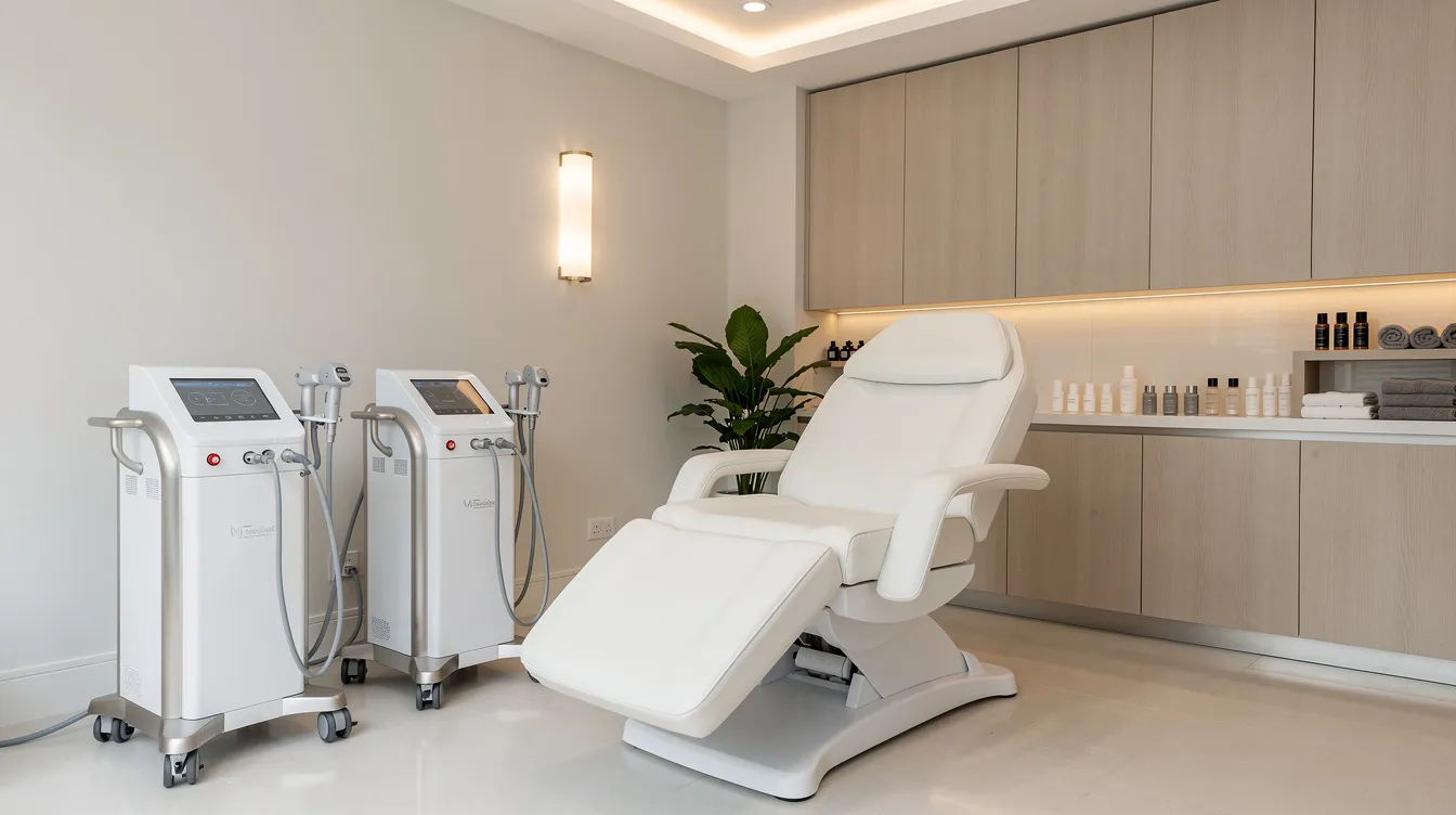 The image depicts an elegant medical spa treatment room featuring a comfortable patient chair and advanced laser equipment designed for procedures like CO2 laser resurfacing. The modern setting suggests a focus on skin rejuvenation and effective treatment for various skin concerns, including acne scars and sun damage.
