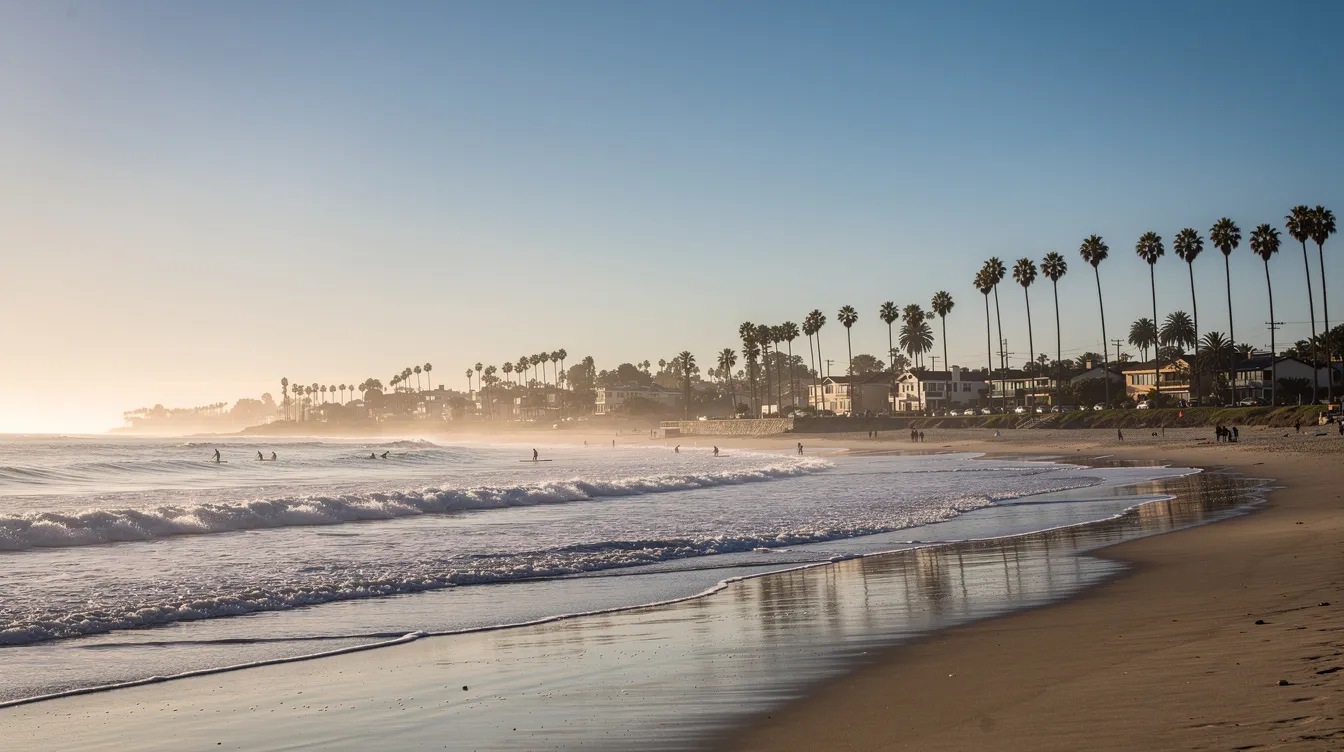 A serene coastal view of Newport Beach features gentle waves lapping against the shore, framed by lush palm trees under a bright sun. This tranquil scene evokes a sense of relaxation and natural beauty, perfect for those considering procedures like labiaplasty or vaginal rejuvenation in the area.