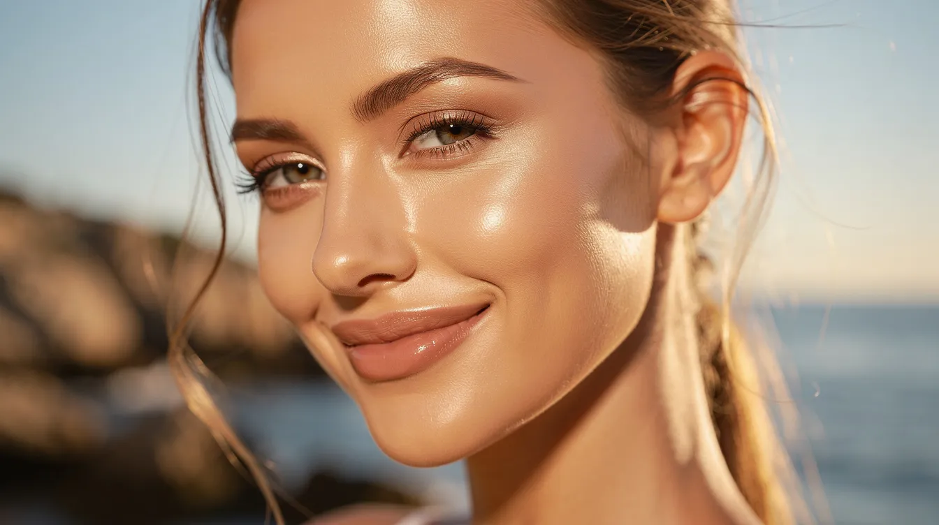 A close-up of a woman with smooth, glowing skin illuminated by natural sunlight, set against a coastal backdrop near Newport Beach. Her radiant complexion highlights the benefits of proper hydration and skin care, showcasing the optimal results of a beauty treatment consultation.