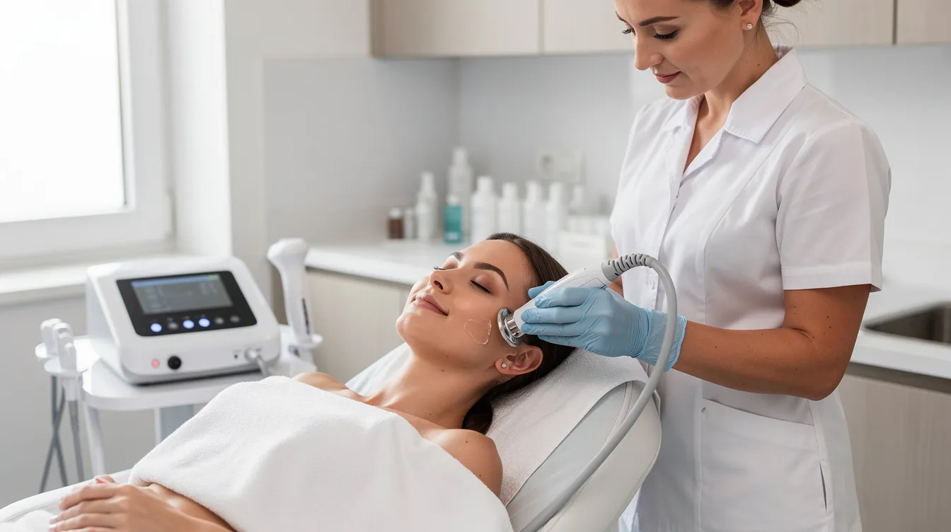 A person is comfortably relaxing in a modern clinic in Newport Beach during a non-invasive ultrasound skin treatment, designed for skin rejuvenation. The serene environment reflects the aesthetics of the clinic, where patients receive expert care to address signs of aging at a cellular level.