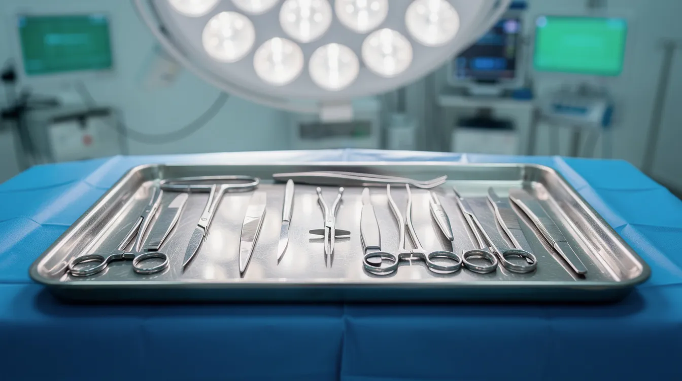 The image shows a sterile arrangement of surgical instruments on a steel tray, typically found in an operating room, ready for procedures such as revision rhinoplasty or other cosmetic surgery procedures. The instruments are neatly organized, reflecting the precision required in surgeries like nasal surgery or facial plastic surgery.