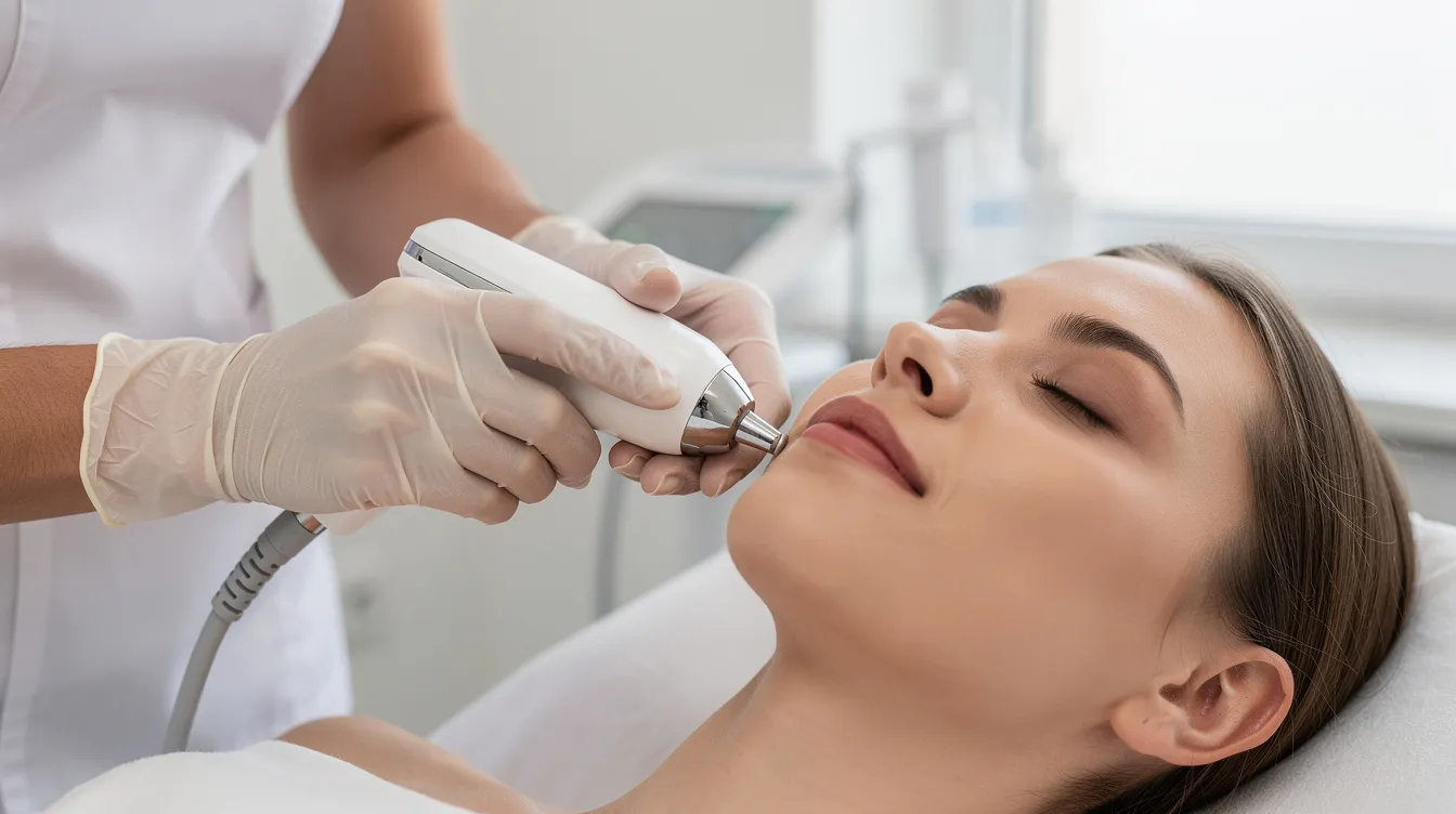 A practitioner's hands are gently applying a treatment device to a patient's cheek in a bright clinical room, focusing on improving skin texture and addressing concerns like acne scars and dull skin. This session aims to enhance collagen production for optimal results, ensuring the patient feels comfortable and informed about their treatment options in Newport Beach.