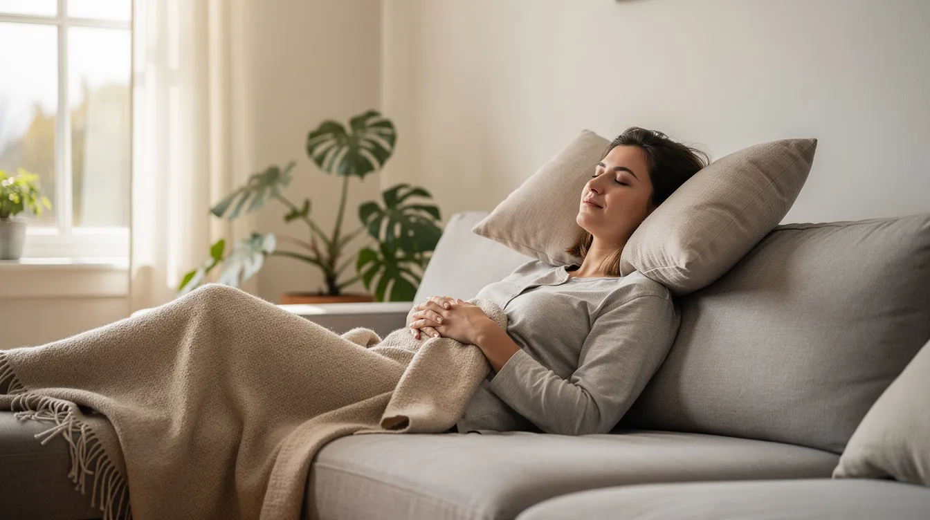 The image shows a person resting comfortably on a couch with their head elevated on pillows in a bright room, suggesting a peaceful recovery period, possibly after a cosmetic surgery procedure like revision rhinoplasty. The warm light and relaxed posture indicate a healing process, emphasizing the importance of comfort during recovery from nose surgery.