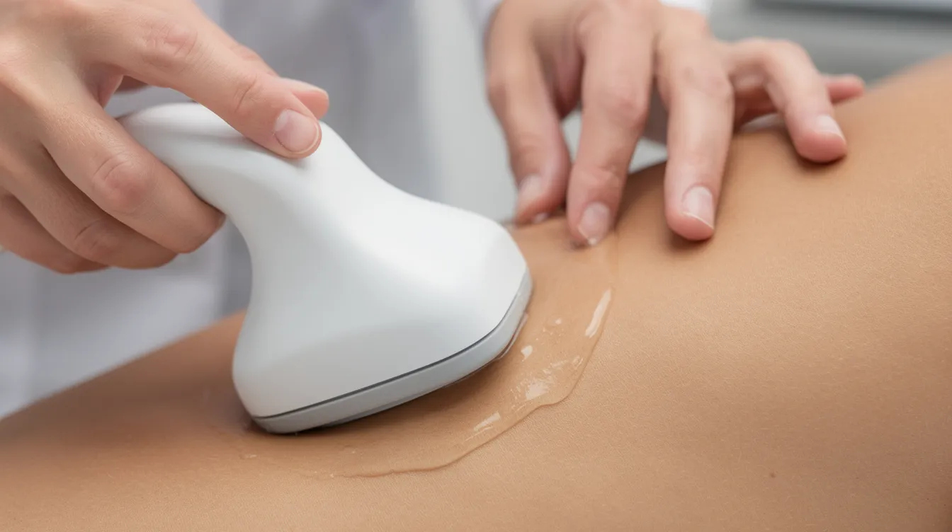 A clinician's hands are shown in close-up as they gently apply an ultrasound handpiece to a patient's skin, demonstrating a skin rejuvenation procedure at a clinic in Newport Beach, California. This treatment aims to address signs of aging and enhance the patient's appearance while ensuring comfort and care.